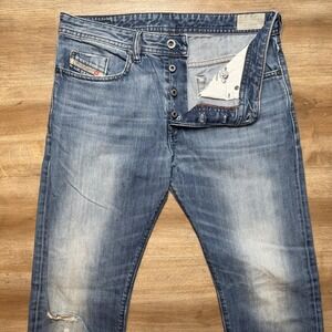 Diesel Jeans Men 32x34 Blue Buster Regular Slim Taper Leg Cotton Distress 0838B
